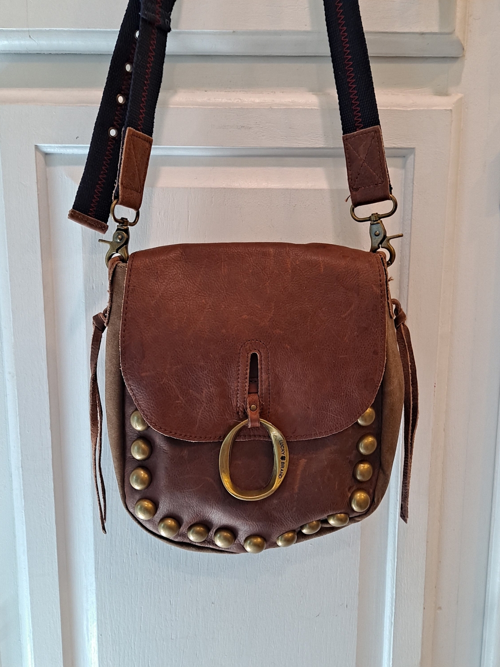 Lucky Brand Janis Brown Leather Studded & Brass Ring Crossbody Messenger